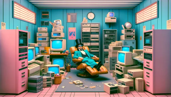 Photo of a magician sleeping in a lazy-boy in a rom of retro 80s computers