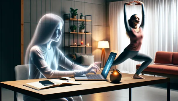 The complete woman is in her home, doing yoga. Only her work ghost sits at the laptop.