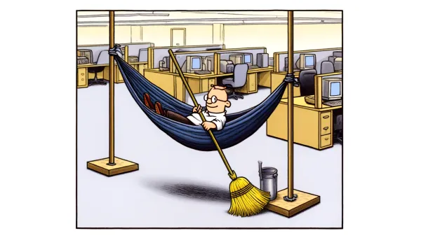 A Dilbert-style image of a person laying in a hammock while sweeping the floor.